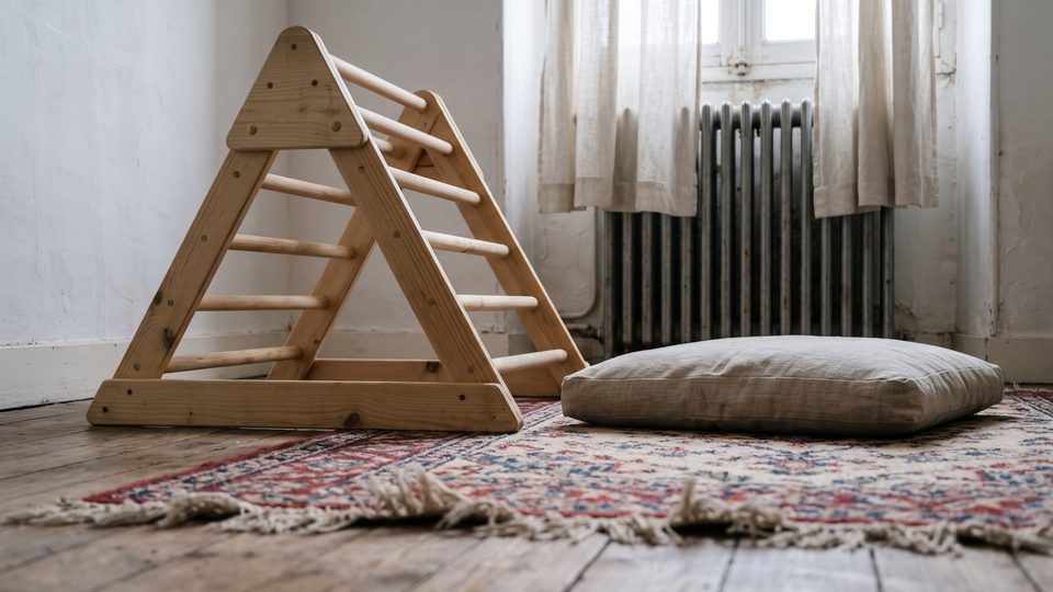 Triangle d'escalade en bois brut posé sur un tapis de laine, dans la lumière douce d'une fenêtre